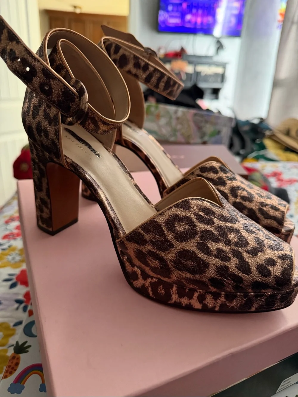 Leopard Print Platform Block Heel Sandals - Brown